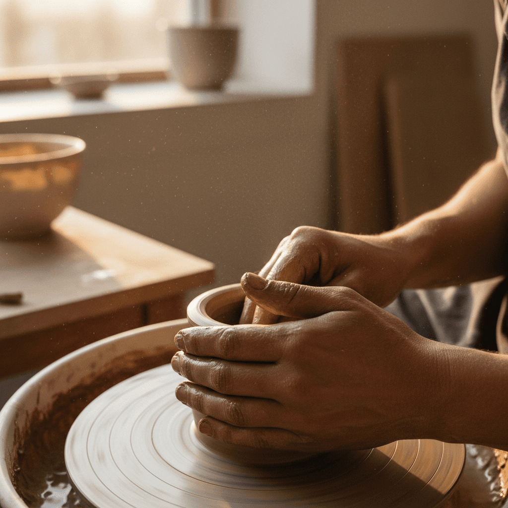 Proses pembentukan topeng dengan tangan di studio Bali