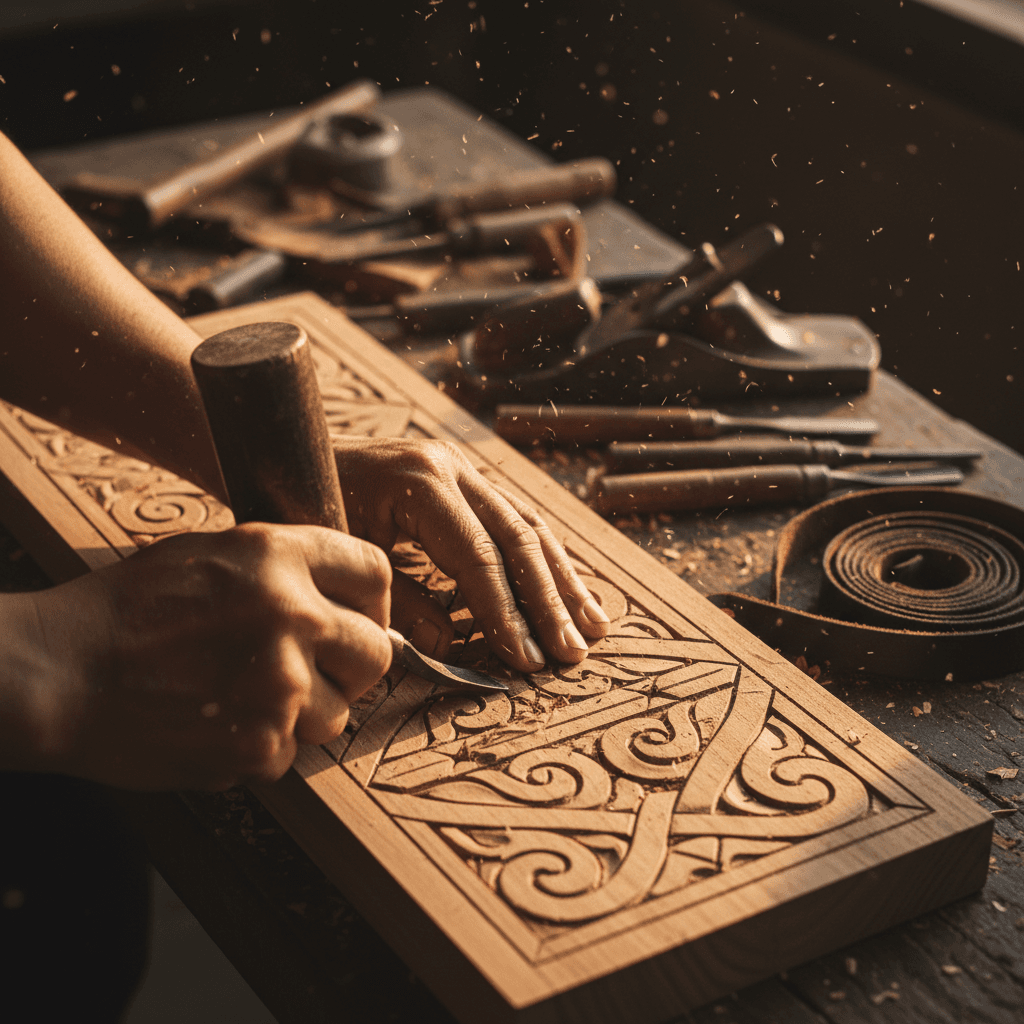 Pengrajin Bali sedang mengukir topeng kayu dengan tangan di studio tradisional