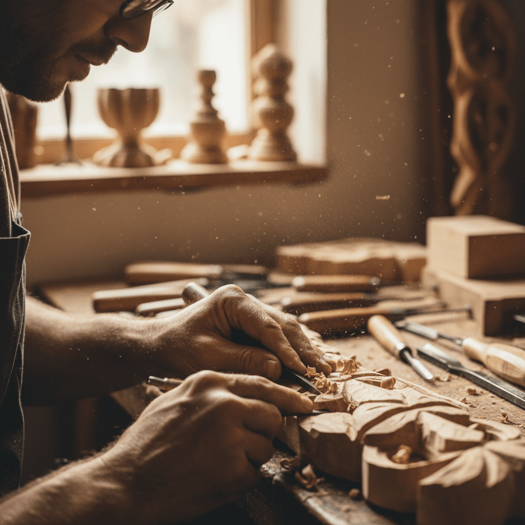 Tangan pengrajin memahat topeng kayu dengan alat tradisional di studio